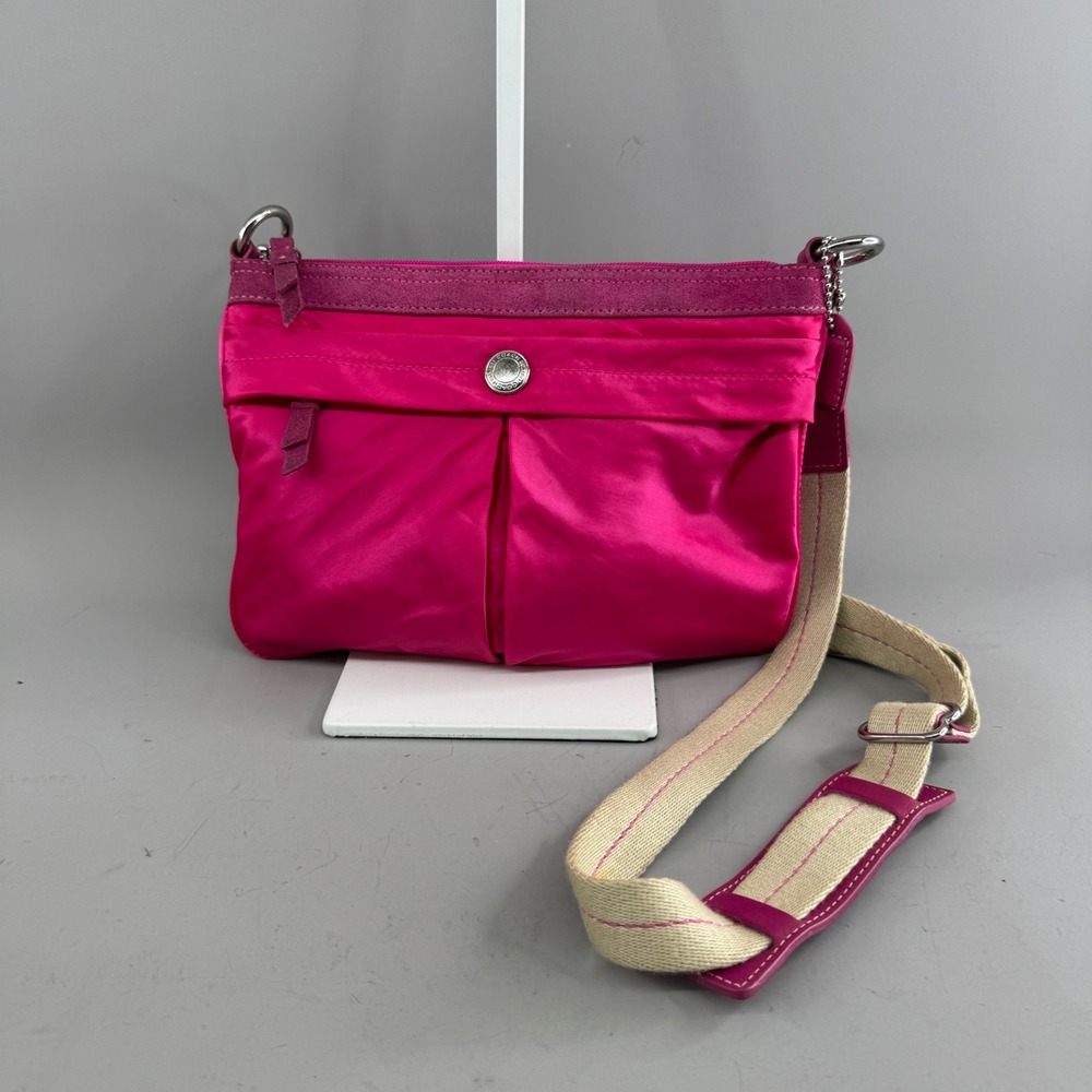 Coach Womens Crossbody Bag Pink Nylon Suede Trim Adjustable Strap